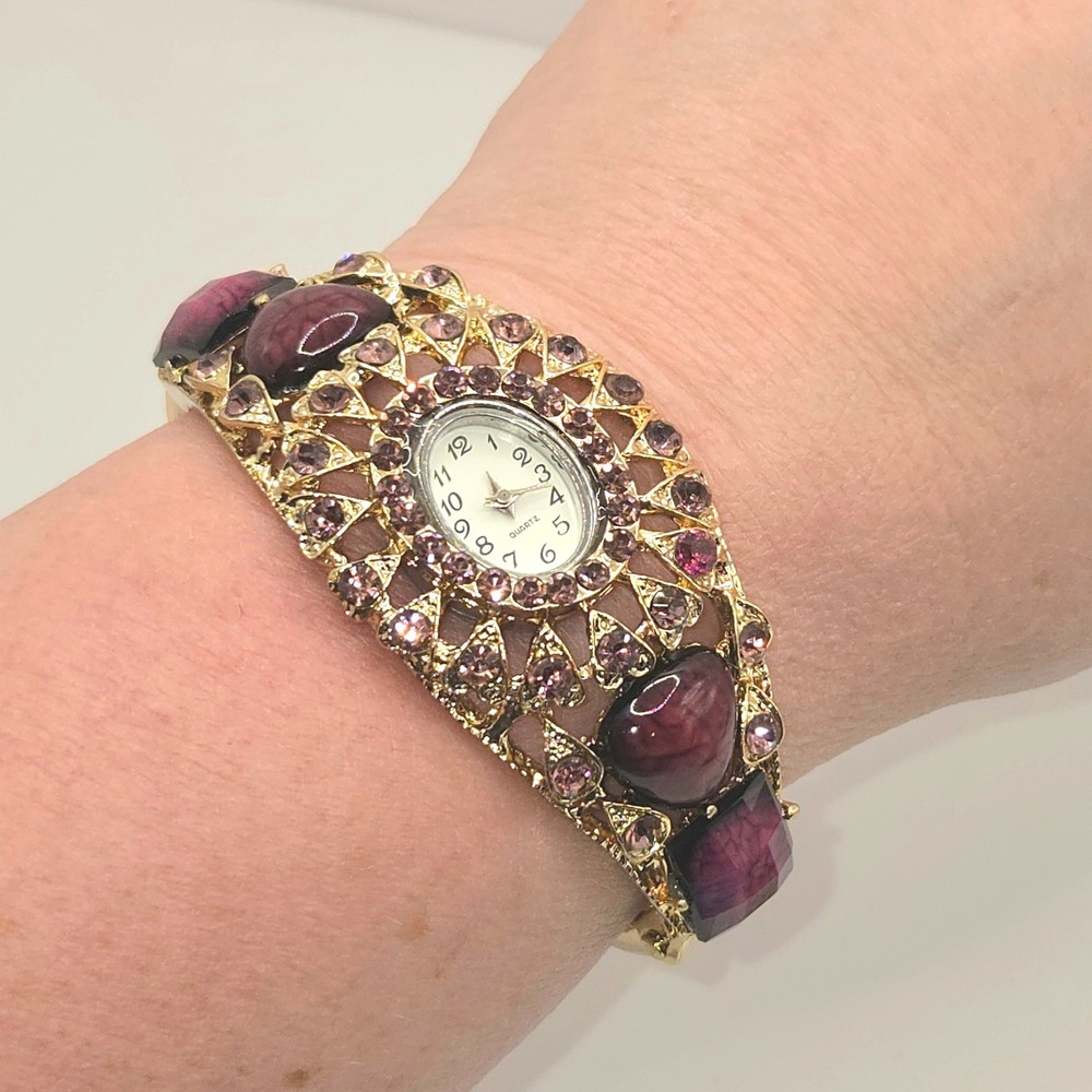 Quartz Bangle Watch Women OS Purple Gold Tone Rhinestone Statement Cuff WORKS